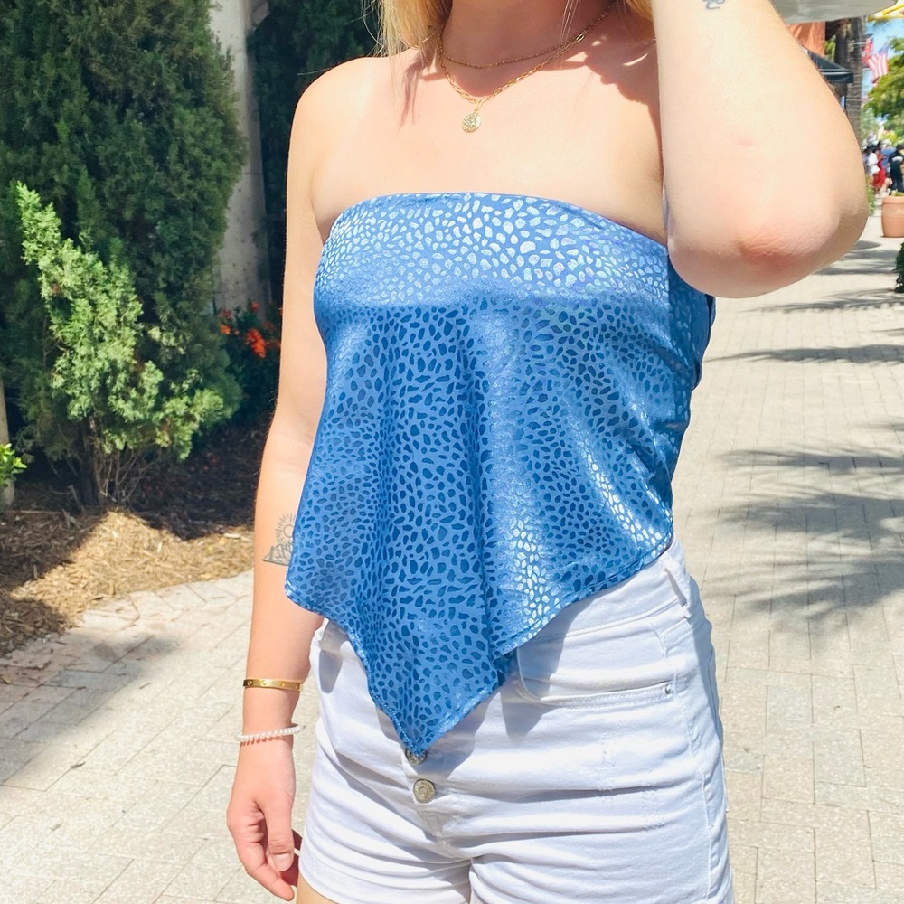 Summertime Satin Jacquard Blue Tube Top